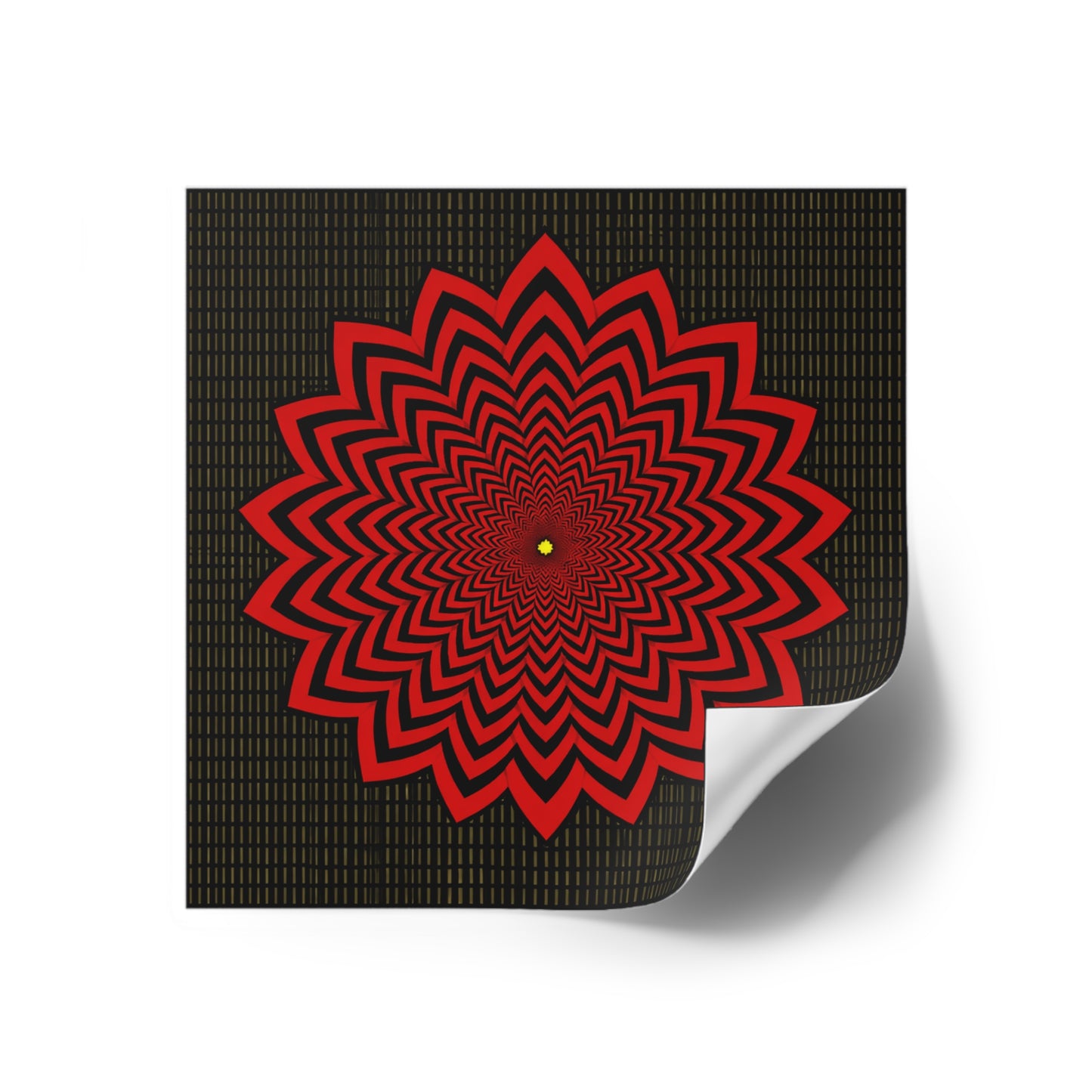 Red Optical Flower Square Sticker — Psychedelic Geometric Decal for Laptops & Skateboards