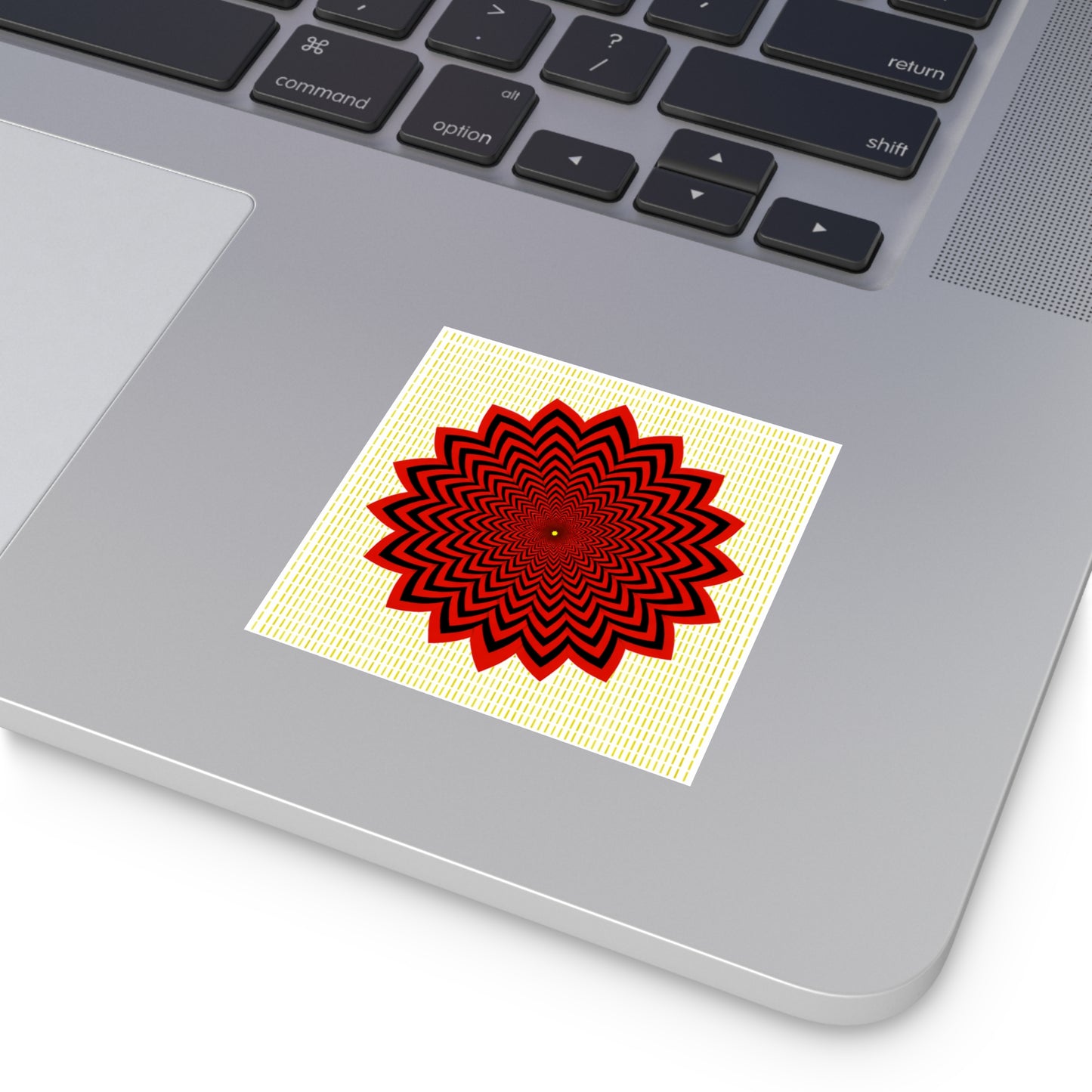 Red Optical Flower Square Sticker — Psychedelic Geometric Decal for Laptops & Water Bottles