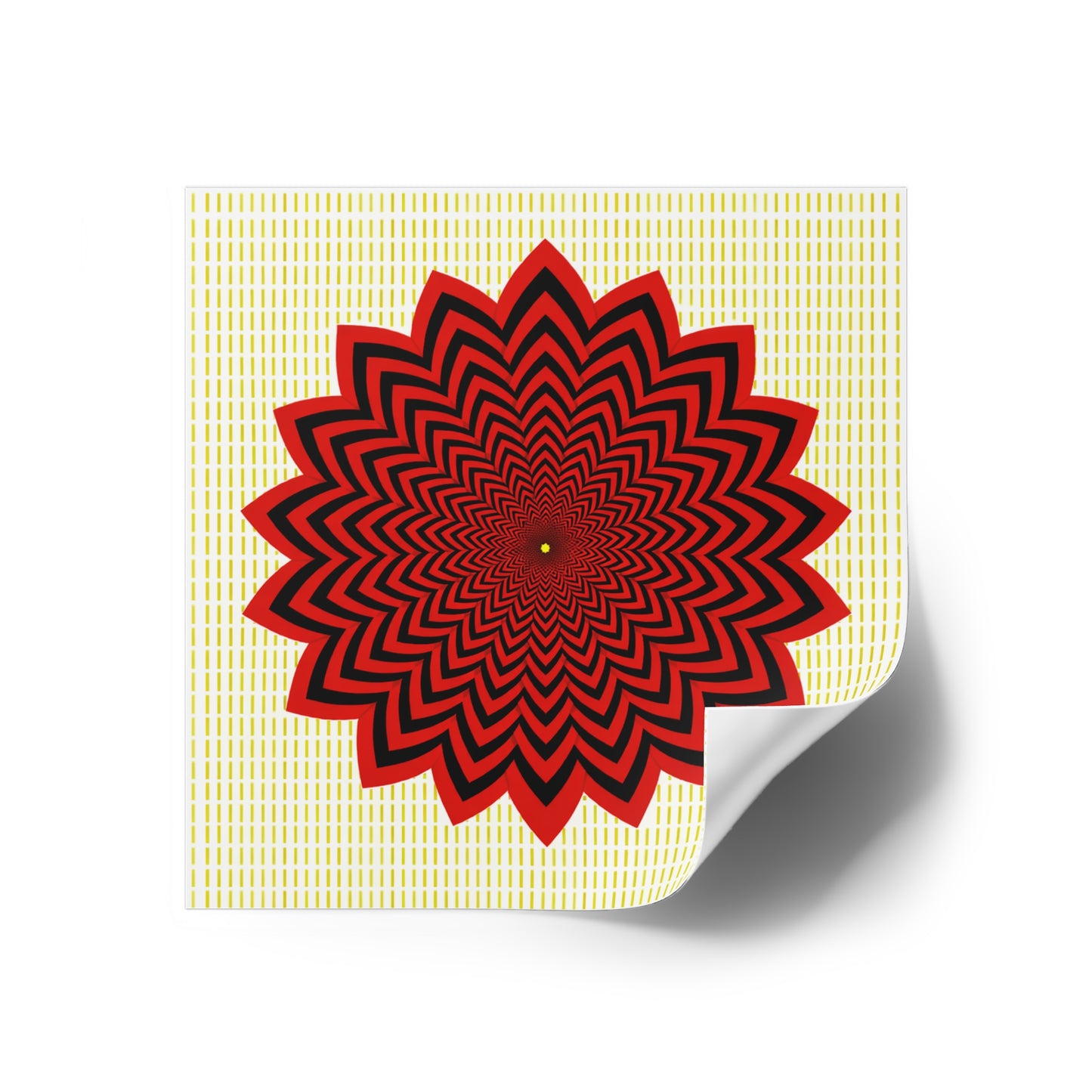 Red Optical Flower Square Sticker — Psychedelic Geometric Decal for Laptops & Water Bottles