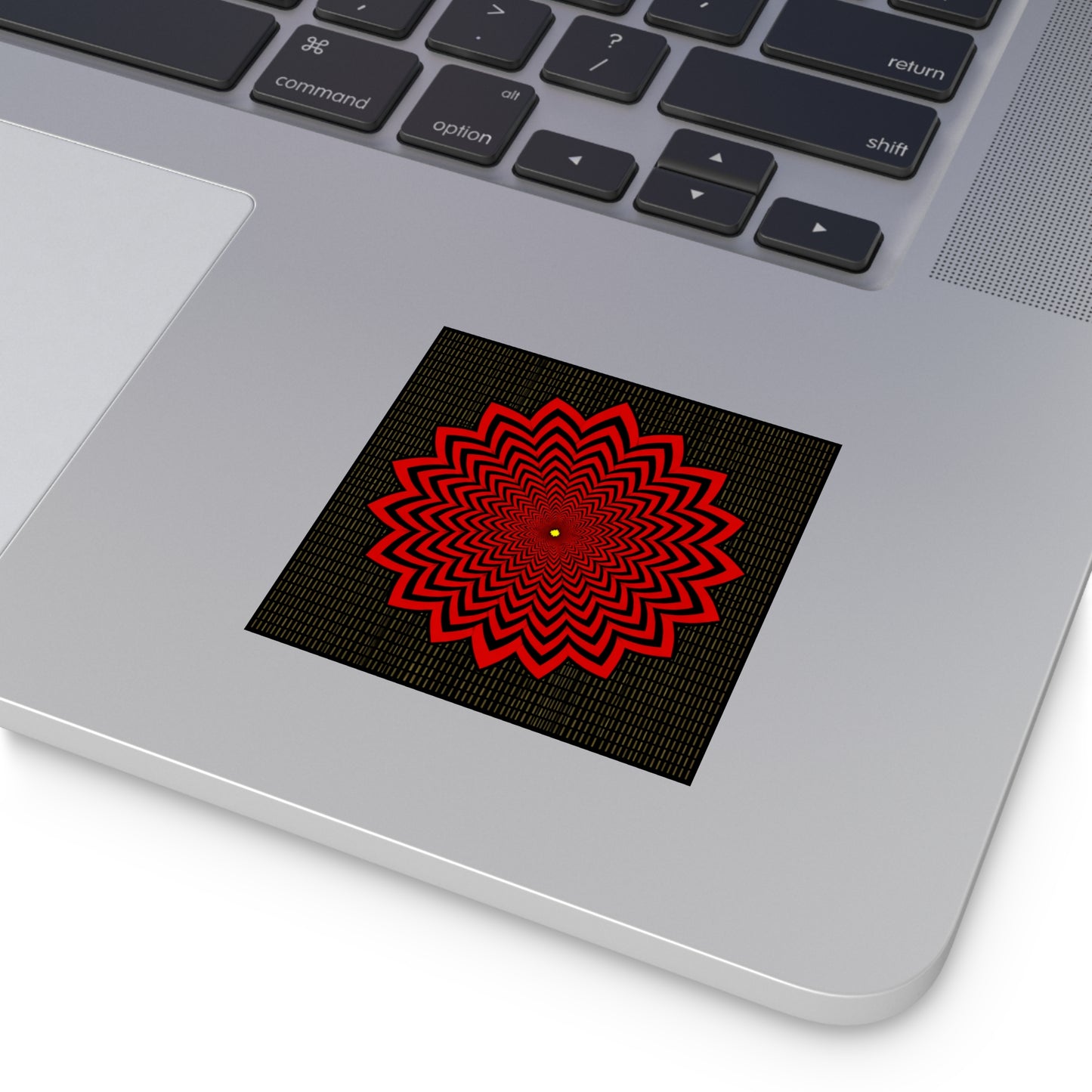 Red Optical Flower Square Sticker — Psychedelic Geometric Decal for Laptops & Skateboards
